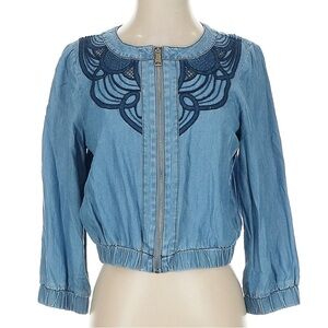 Vintage Bebe Y2K Blue Embroidered Denim Jean Jacket with Gold Zipper Size Small